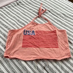 USA American flag pink crop top halter tie tank top XL